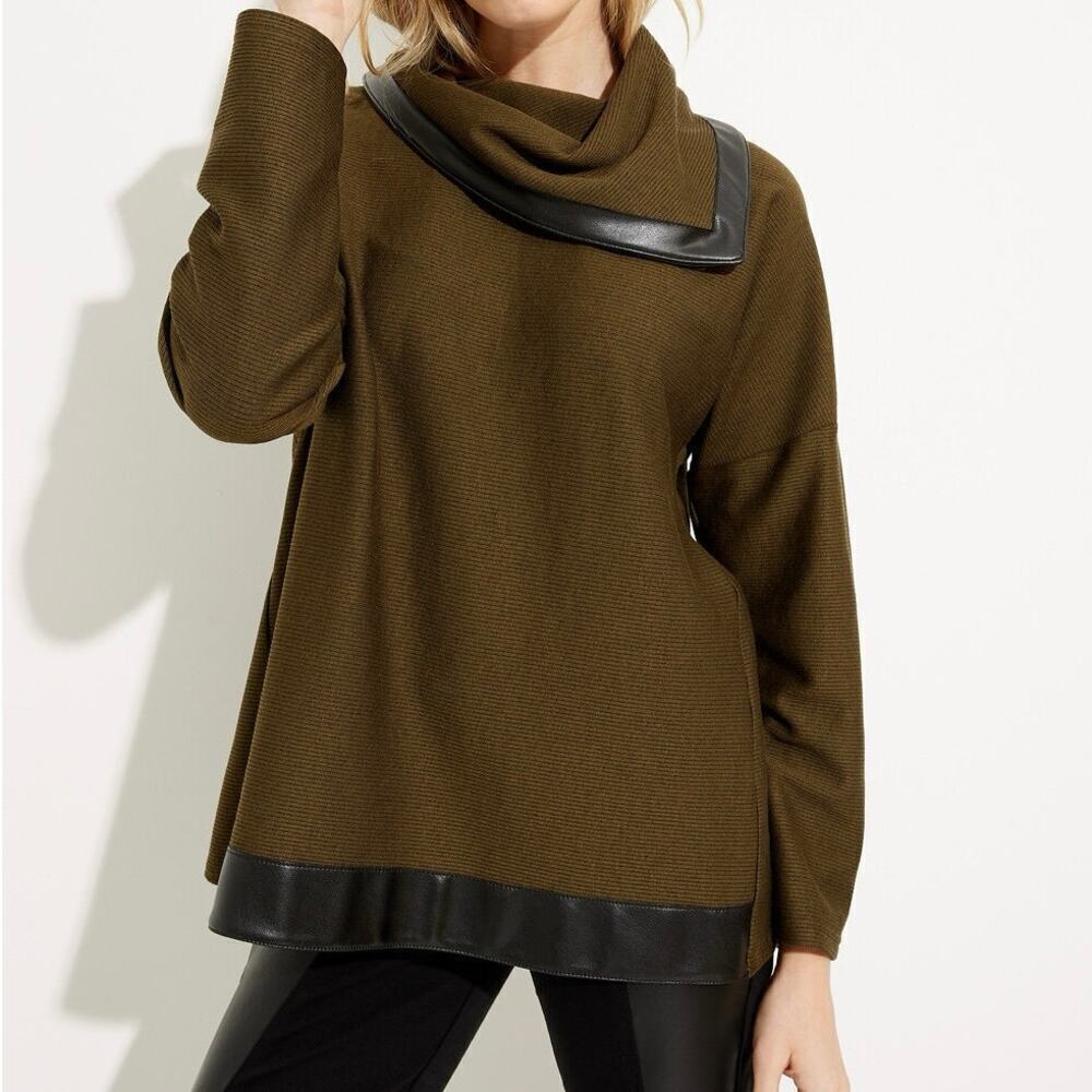 Joseph Ribkoff Cole Neckline Sweater Faux Leather Trim Olive/Black Womens Size 2